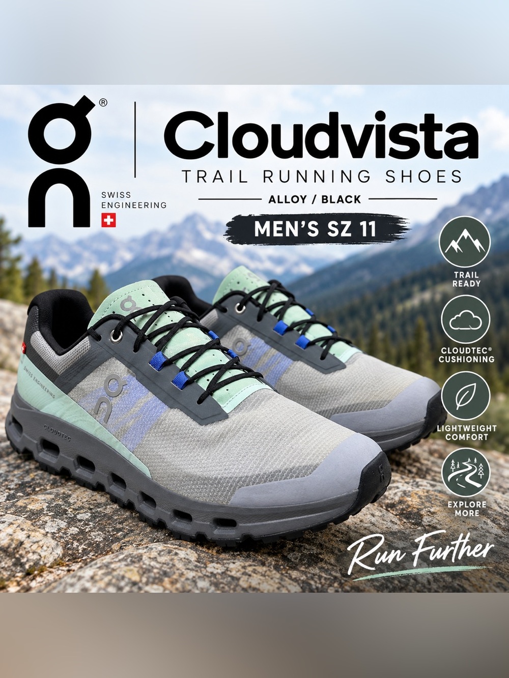 Cloudvista Alloy/Black Trail Running Shoes - Men’s Sz 11